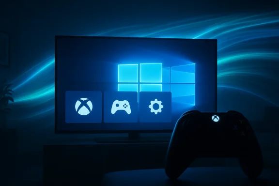 Living room scene with a TV displaying Windows icons and an Xbox controller in the foreground.