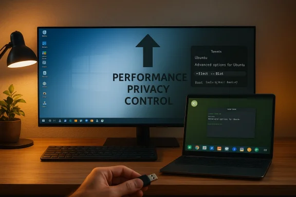 Desk setup with a monitor showing 'Performance Privacy Control' and a laptop, keyboard, and a hand holding a USB drive.