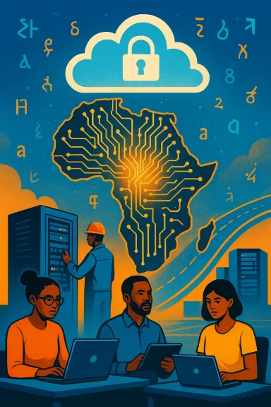 Engineers work on laptops beneath a cloud icon as Africa-shaped circuitry glows.