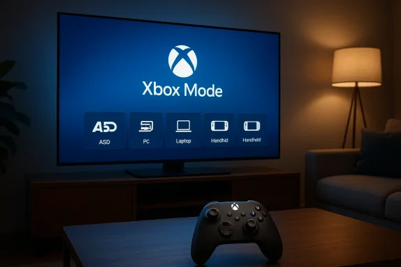 Dim living room with a large TV displaying Xbox Mode and a game controller on the coffee table.