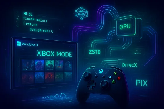 Neon-lit gaming concept featuring Windows 11 Xbox Mode and an Xbox controller.