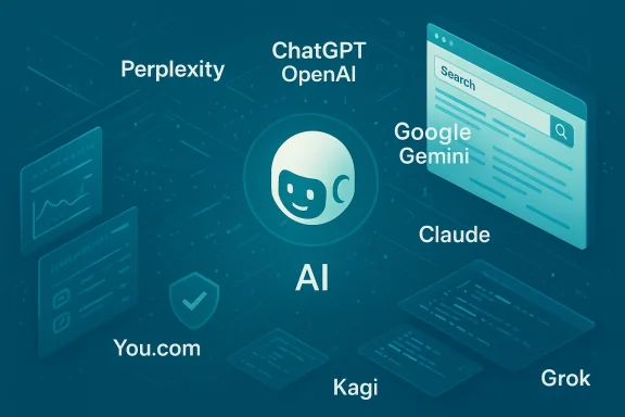 Central AI icon surrounded by names of major chatbots like ChatGPT, Gemini, Claude.