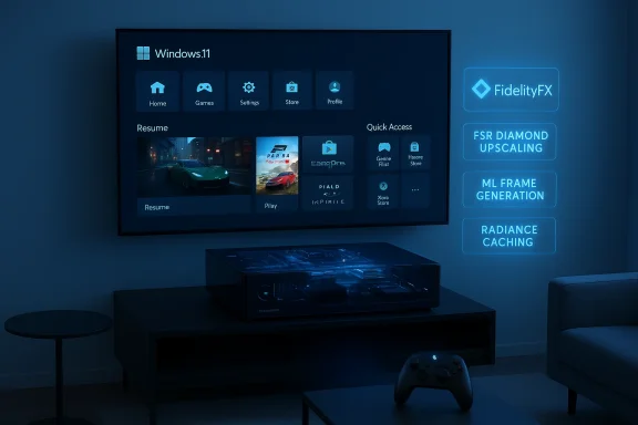Dim living room with a wall-mounted screen displaying Windows 11 and blue neon gaming-tech panels.