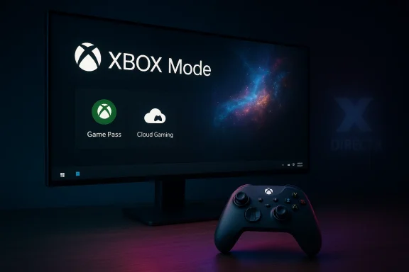 Xbox Mode on a monitor showing Game Pass and Cloud Gaming, with a controller on the desk.