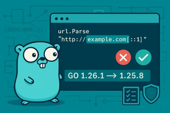 Cartoon Go gopher beside a code window showing URL.Parse of example.com with check and cross icons.