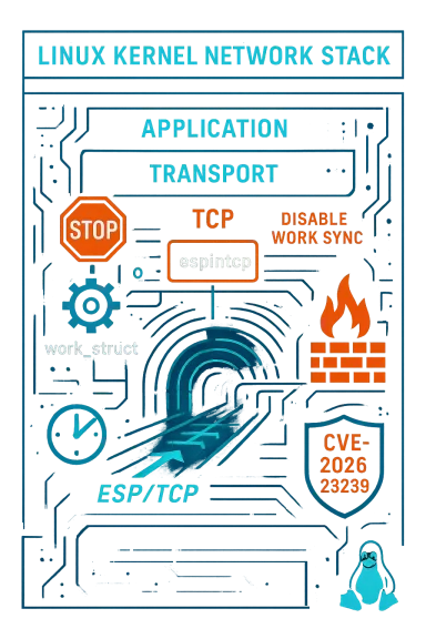 Neon diagram of the Linux kernel network stack showing ESP/TCP, a stop sign, firewall, and Tux.