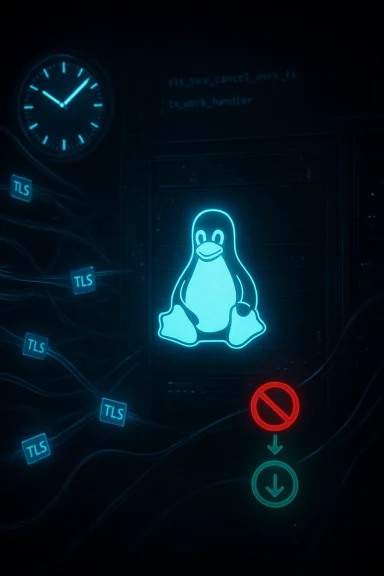 Neon Linux penguin logo glows on a server rack amid TLS labels and network cables.