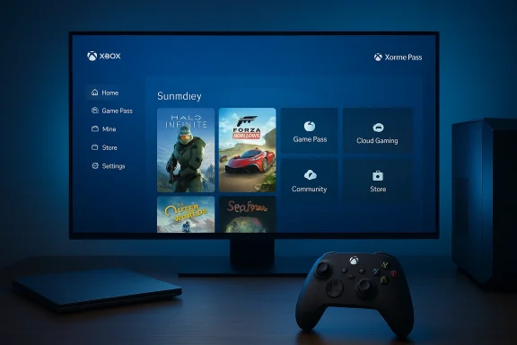 Xbox game dashboard on a blue-lit desk with monitor, controller, and console.