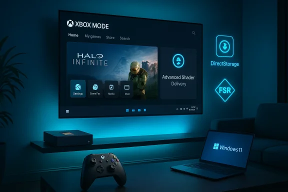 Xbox gaming setup with wall UI display, blue ambient lighting, a controller, and a Windows 11 laptop.