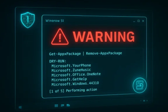 Neon blue warning window displaying a red WARNING and PowerShell commands to remove apps.
