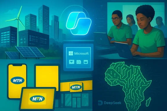 A futuristic Africa tech scene showing green energy, Microsoft, MTN devices, and people coding.