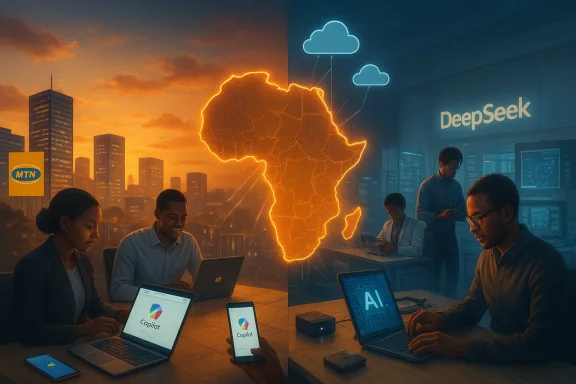Split-screen office scene: glowing Africa map on the left, AI-cloud tech hub on the right.