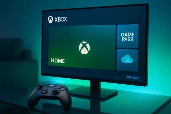 Xbox home screen on a monitor, featuring the Game Pass tile and a controller in the foreground.