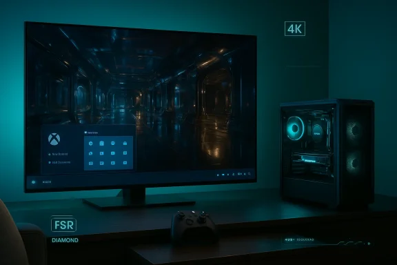 Sleek gaming setup featuring a 4K monitor displaying a neon sci-fi tunnel, teal-lit PC, and gamepad.