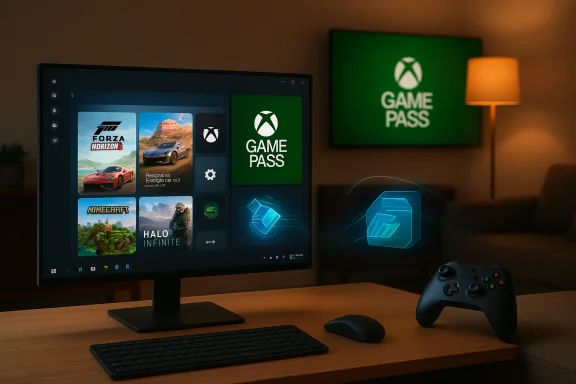 Cozy gaming setup with a large monitor showing Game Pass tiles, a glowing holographic cube, keyboard, mouse, and Xbox controller.