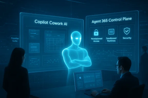 A holographic AI figure stands between panels labeled Copilot Cowork AI and Agent 365 Control Plane.