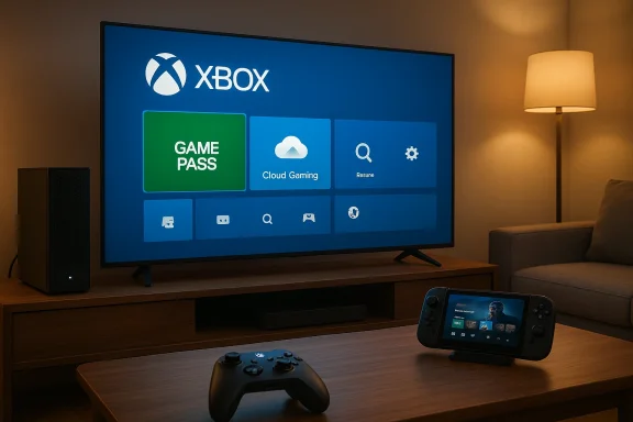 Cozy living room with a large Xbox screen showing Game Pass and a handheld console on the coffee table.