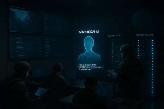 Dim command center where soldiers watch a blue holographic Sovereign AI briefing.