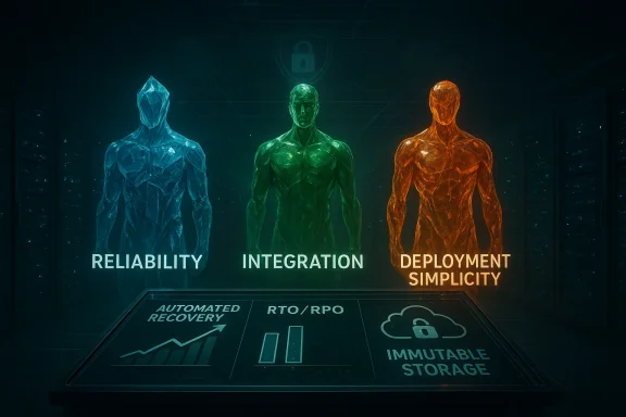 Three holographic figures labeled Reliability, Integration, and Deployment Simplicity stand in a data center.