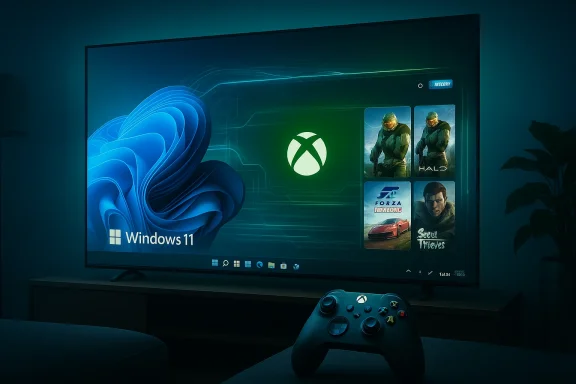 Windows 11 on a large screen with Xbox logo, game thumbnails, and an Xbox controller.
