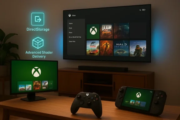 Xbox gaming setup with neon DirectStorage signs, a large wall TV UI, and a handheld console on a wooden table.