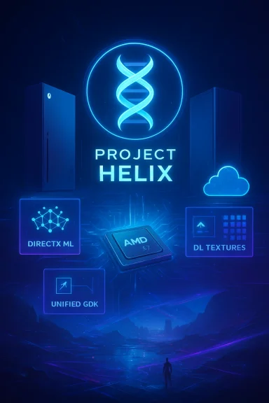 Neon blue concept poster for Project Helix with a DNA helix logo and AMD tech icons.