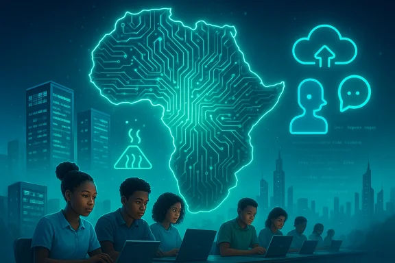 Students work on laptops beneath a glowing circuit-board Africa silhouette amid a futuristic city.