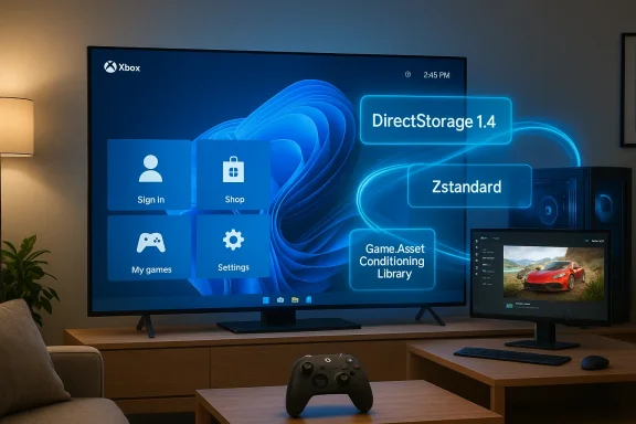 Living room setup with a large Xbox screen showing DirectStorage 1.4 and a gaming PC monitor.