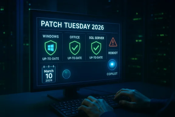 Monitor shows Patch Tuesday 2026 with Windows, Office, and SQL Server up-to-date in a dark data center.
