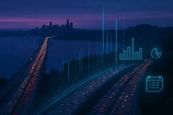 Nighttime cityscape with a busy bridge over water and glowing blue data visuals overlay.