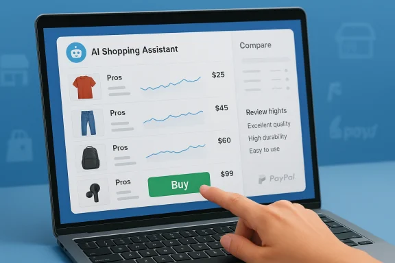 A hand taps Buy on a laptop screen displaying an AI Shopping Assistant with product listings.