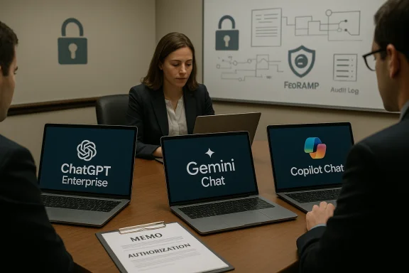 Team meeting around a table with laptops showing ChatGPT Enterprise, Gemini Chat, and Copilot Chat.