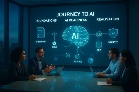 A team of professionals discusses the AI journey on a neon blue display.