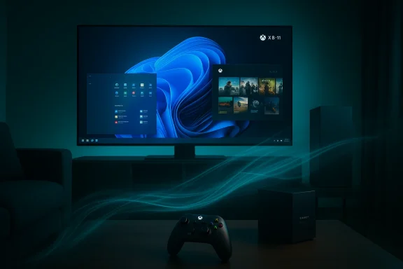 Dark living room gaming setup with a large monitor showing Windows 11 and Xbox UI, plus a controller on the table.