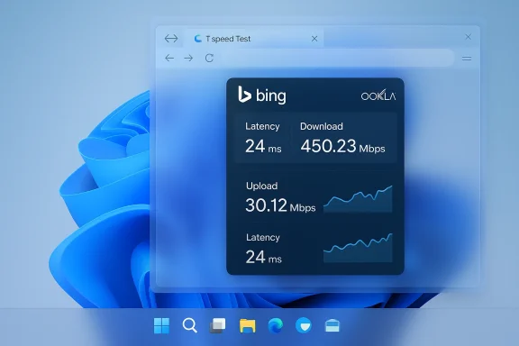 Windows desktop with a Bing speed test widget showing latency 24 ms, download 450.23 Mbps, upload 30.12 Mbps.