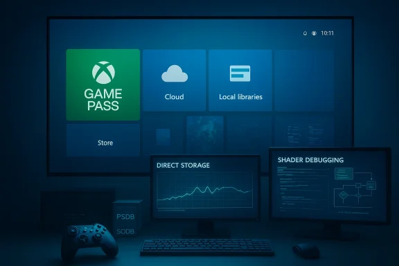 Blue-tinted gaming setup with Xbox Game Pass on the main screen and two monitors for Direct Storage and Shader Debugging.