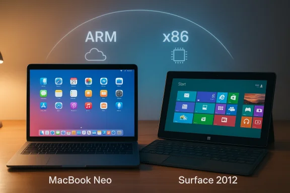 MacBook Neo (ARM) and Surface 2012 (x86) on a desk under an ARM vs x86 architecture graphic.