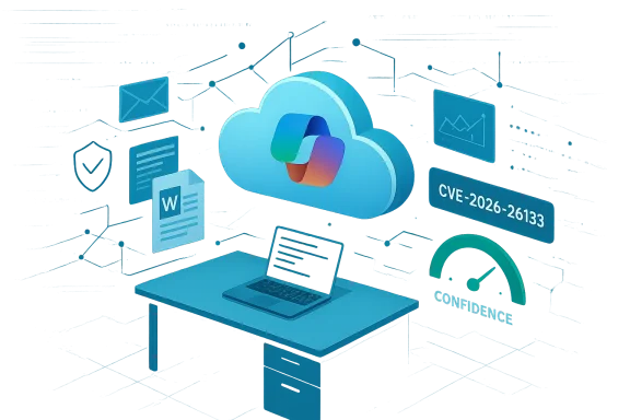 Cloud computing concept with a laptop, documents, CVE alert, and a confidence gauge.