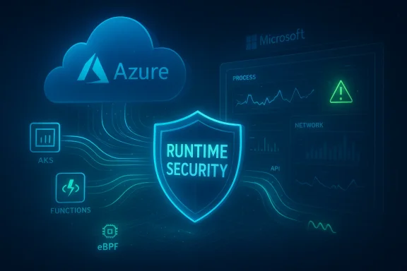 Azure cloud with a glowing Runtime Security shield protecting processes and networks.