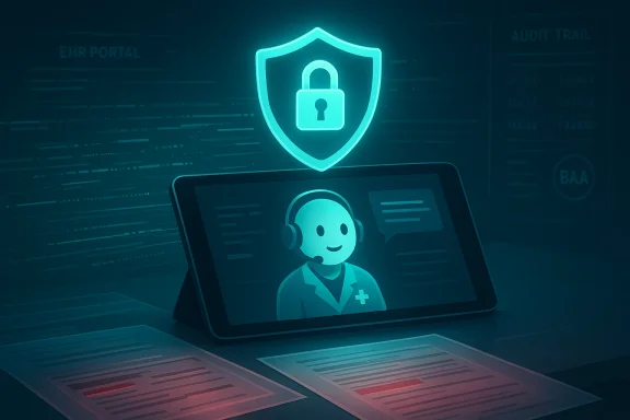 A virtual health assistant on a tablet, beneath a glowing shield with a lock, symbolizing secure telehealth.