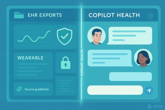 Teal split-screen UI showing EHR exports on the left and Copilot Health chat on the right.