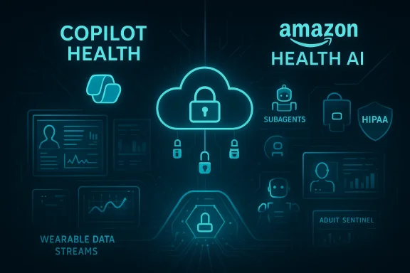 Neon blue cloud security hub for healthcare data, wearables, and AI.
