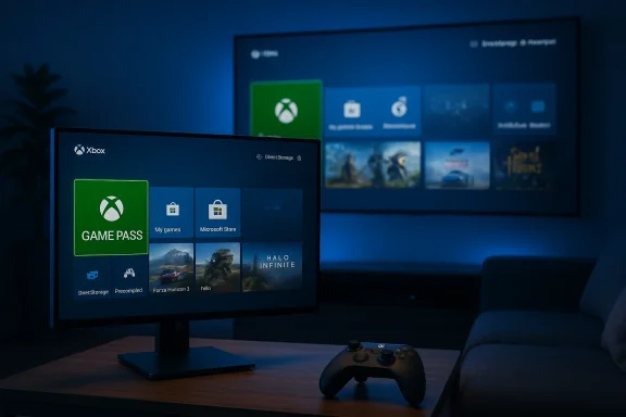 Xbox gaming setup: wall display of the Xbox dashboard and a desk monitor showing Game Pass.