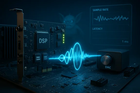 DSP board drives a DAC with a neon waveform; a goblin lurks in the background.