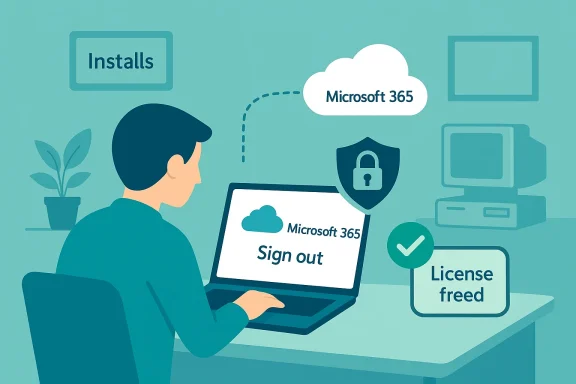 A person signs out of Microsoft 365 on a laptop, amid cloud and security icons.