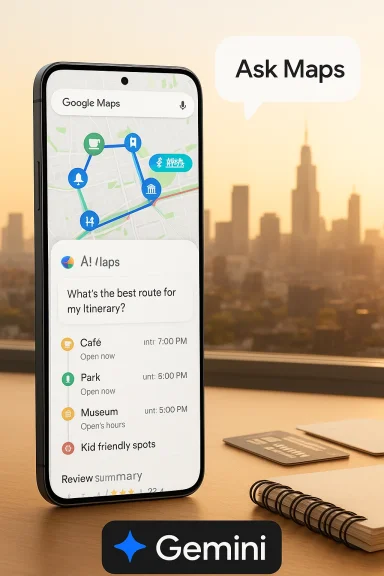 Smartphone displays Google Maps with a plotted route and an “Ask Maps” prompt over a city skyline.
