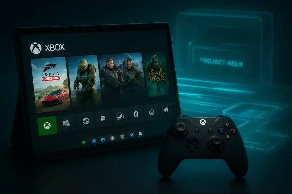 Xbox UI on a tablet with game tiles and a nearby controller.