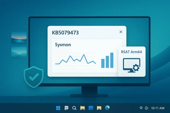 Blue-toned monitor displays a Sysmon dashboard with graphs and security icons.