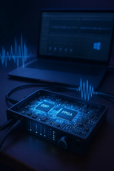 DSP and FPGA hardware module connected to a laptop, with blue waveform visuals.