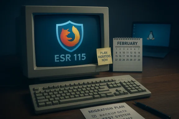 Old computer shows Firefox ESR 115; sticky note reads Plan migrations now beside a February calendar.